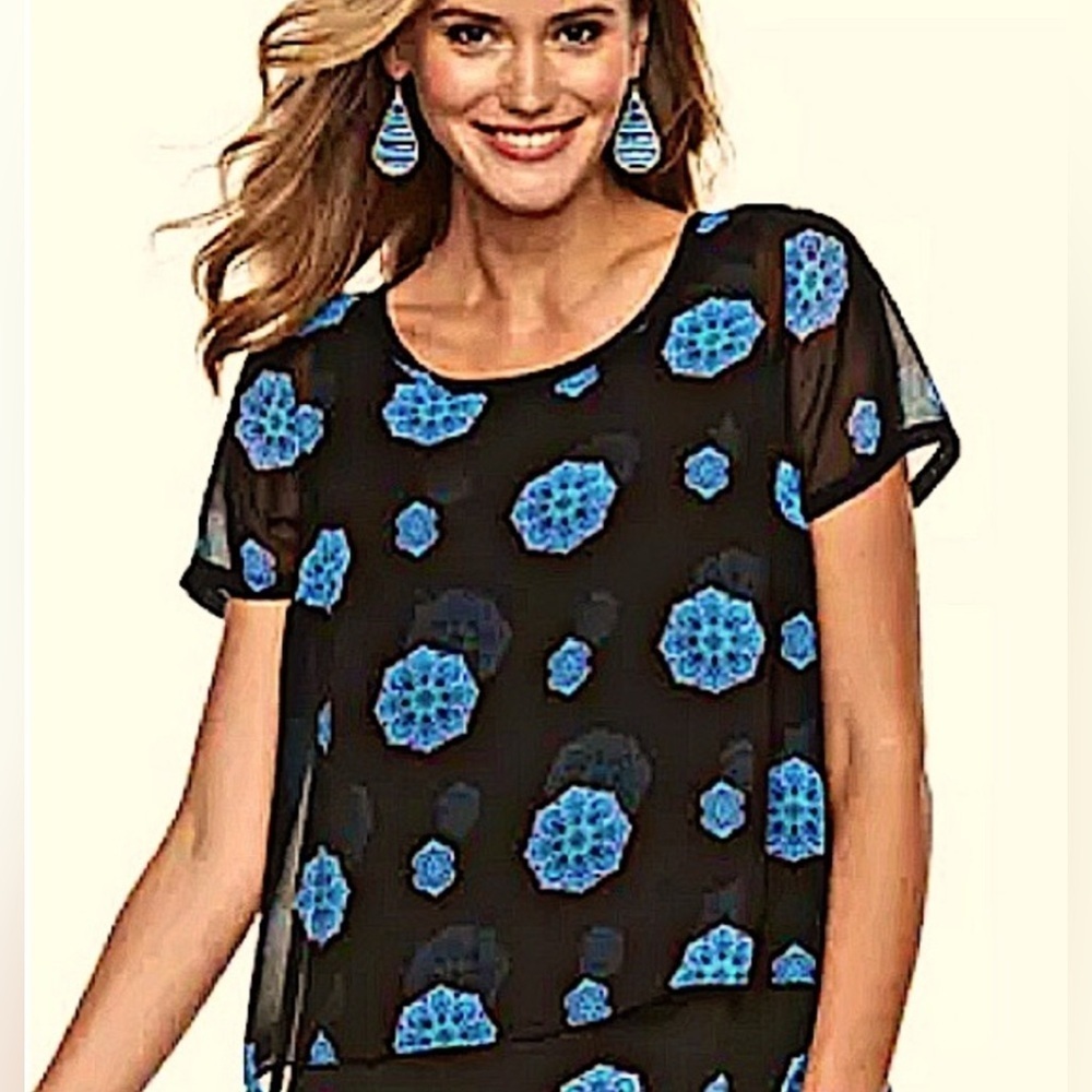 Dana Buchman Black and Blue Short Sleeve Boxy Blouse - Picture 1 of 10